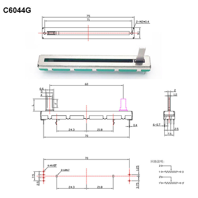 پتانسیومتر کشویی فیلم کربنی دوگانه پتانسیومتر C6044G پتانسیومتر استریو خطی 5K 10K سفر 60 میلی متر